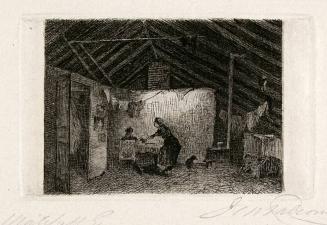[Woman, seated man, and dog in a kitchen]