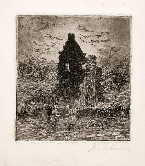 [Three girls in a field with a small house and large ruins]