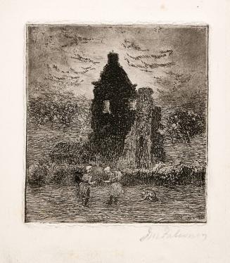 [Three girls in a field with a small house and large ruins]