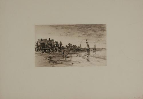 [Low tide, people, sailboats, building]