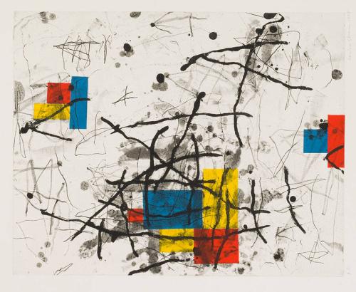 [Grouped primary color geometric shapes on white field with black marks]