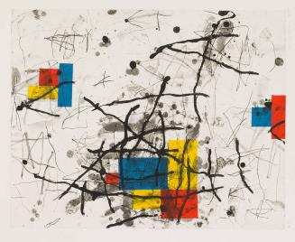 [Grouped primary color geometric shapes on white field with black marks]