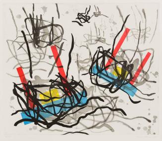 [Grouped primary color geometric shapes on white field with black marks]