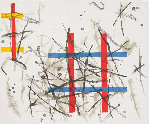 [Grouped primary color geometric shapes, “#” shape in red and blue on white field with black marks]