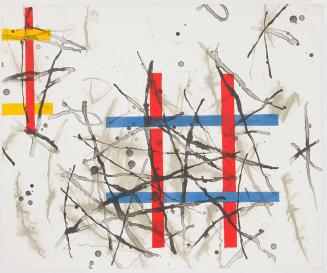 Untitled [grouped primary color geometric shapes, “#” shape in red and blue on white field with black marks]
