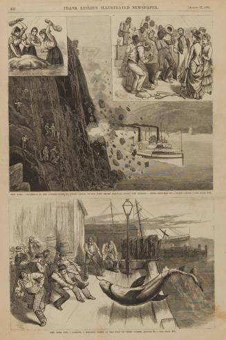 a. New York - Incidents in the Construction by Negro Labor, of the West Shore Railway, Along the Hudson; b. New York City - Landing a Monster Shark at the Foot of Vesey Street,  Frank Leslie’s Illustrated Newspaper, August 27, 1881, page 432