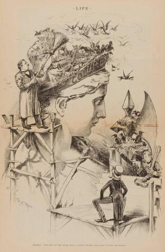 Johnathan: “Yew jest let him alone, boys, a leetle cleanin’ ain’t goin’ to spoil the statoo” LIFE Vol. 5, No. 127, 4 June 1885, pages 316-317