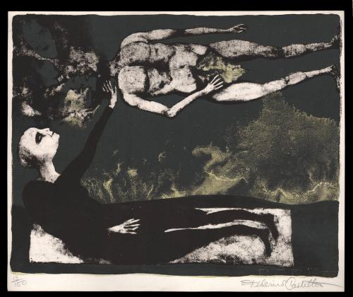 untitled [figure in black, second figure, unclothed (except for leaf) with four faces]