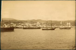 untitled, [view of seascape, landscape, town, four ships]
