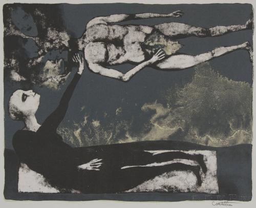 untitled [figure in black, second figure, unclothed (except for leaf) with four faces]