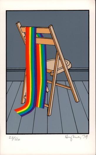 [Rainbow draped over wooden chair]