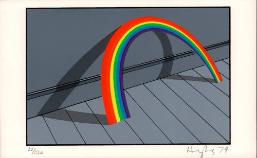 [Rainbow with shadow, resting on wall]