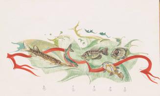 untitled [five fish swimming in green waves with red  ribbon wave]