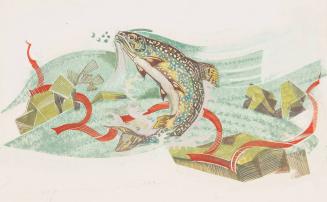 untitled ["Rainbow" trout swimming in green waves, rocks, and red ribbon wave]