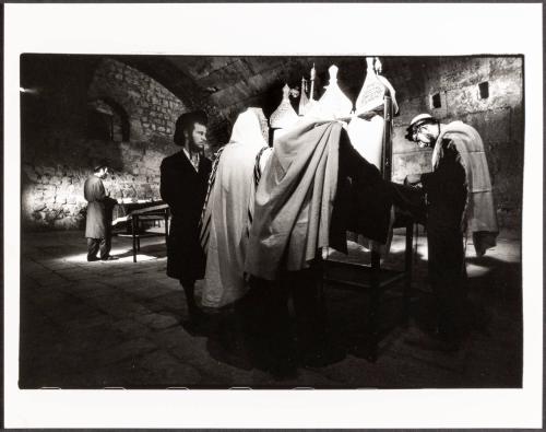 [Hasidic men praying in synagogue, Israel]