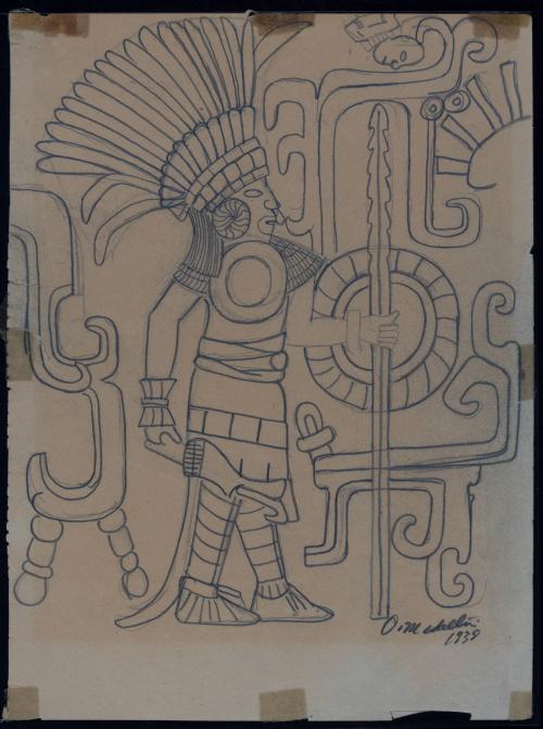 Mural in Low Relief on Main Wall of Lower Chamber, Temple of the Tigers, #27-28, Chichen Itza Yucatan