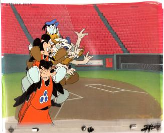 L53. Goofy holds Mickey and Donald on his shoulders, Donald ends up falling, all in basketball uniforms (22)