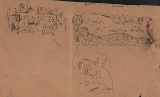 Three sketches: bar scene; figure reading; three yards 45 inches wide.
