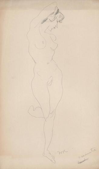 [standing nude with leg raised]