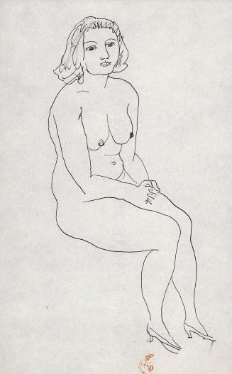 [seated female nude wearing shoes]