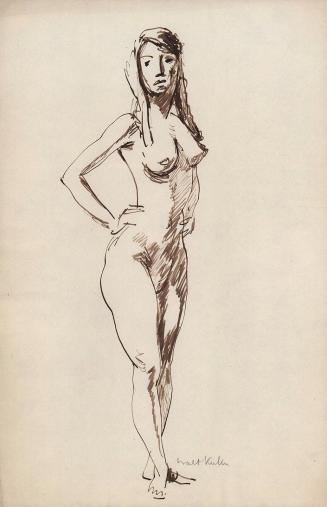 [standing female nude, hands on hips, diagonal shading on left side of body]