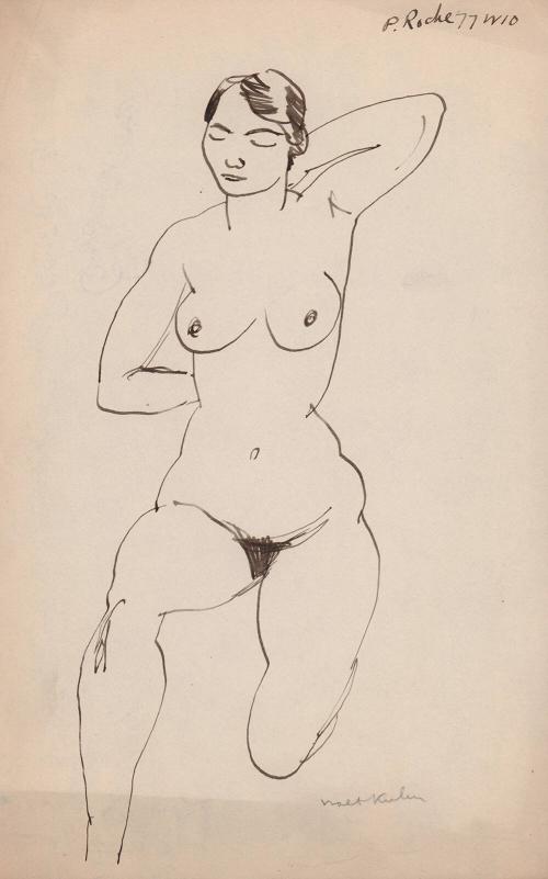 [female nude on one knee, right arm behind back, left arm behind neck]
