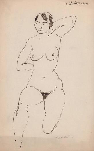 [female nude on one knee, right arm behind back, left arm behind neck]