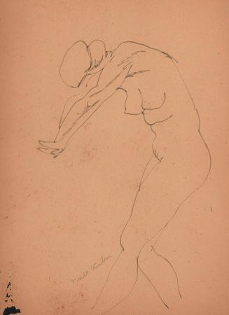 [standing female nude, bent at waist, arms outstretched]