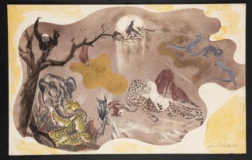 untitled [moonlit tropical landscape with multiple types of animals]