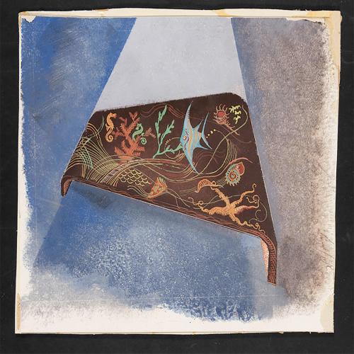 untitled [fish, coral, starfish, shellfish, seahorse on a brown/blue background]