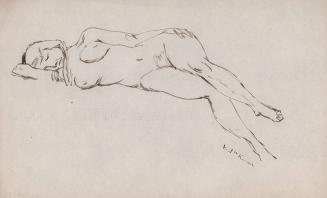 [reclining female nude, left hand on hip right arm behind head]