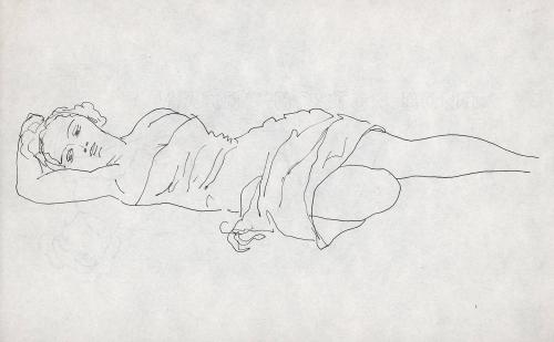 [reclining female with drapery right hand behind head]