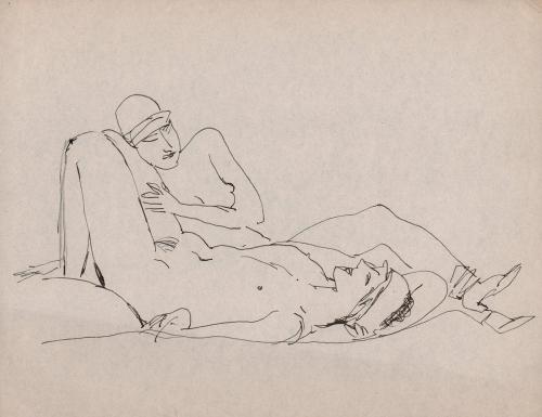 [two reclining female nudes; background figure rests head on right knee of foreground figure]