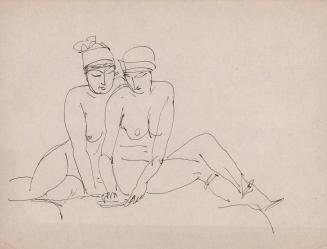 [two seated female nudes wearing hats]