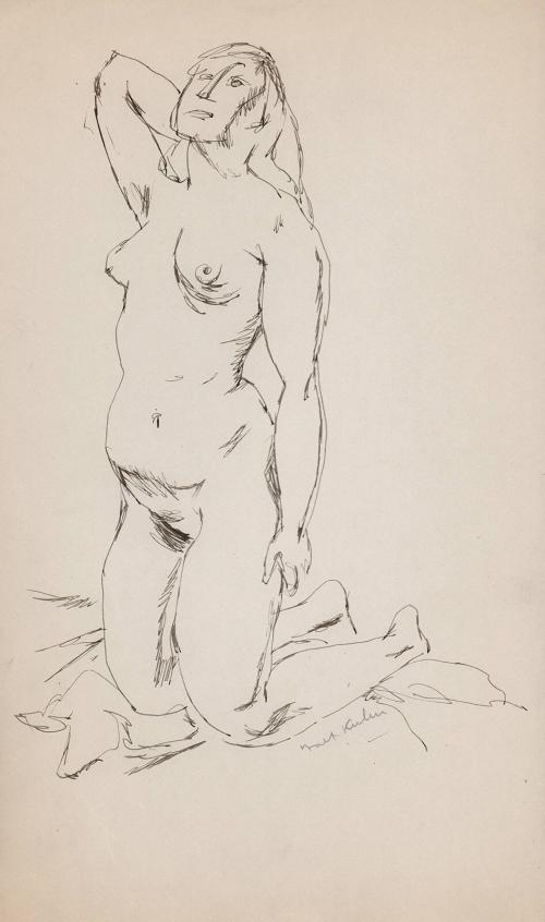 [kneeling female nude; right hand behind neck, 3/4 left profile, head tilted back]