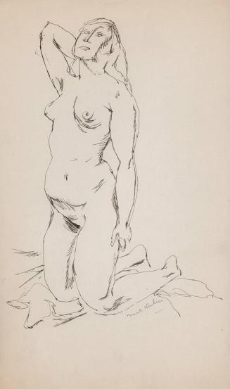 [kneeling female nude; right hand behind neck, 3/4 left profile, head tilted back]