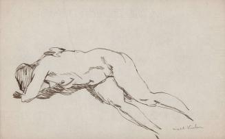 [female nude reclining on right hip, head and face covered by left arm]