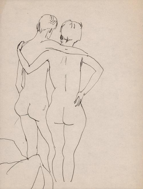 [two standing female nudes, back view, one arm on each others shoulder]