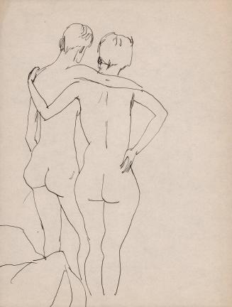 [two standing female nudes, back view, one arm on each others shoulder]