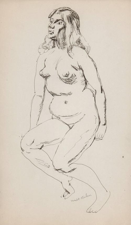 [nude female seated with each arm close to sides]