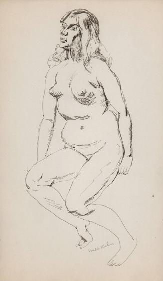 [nude female seated with each arm close to sides]