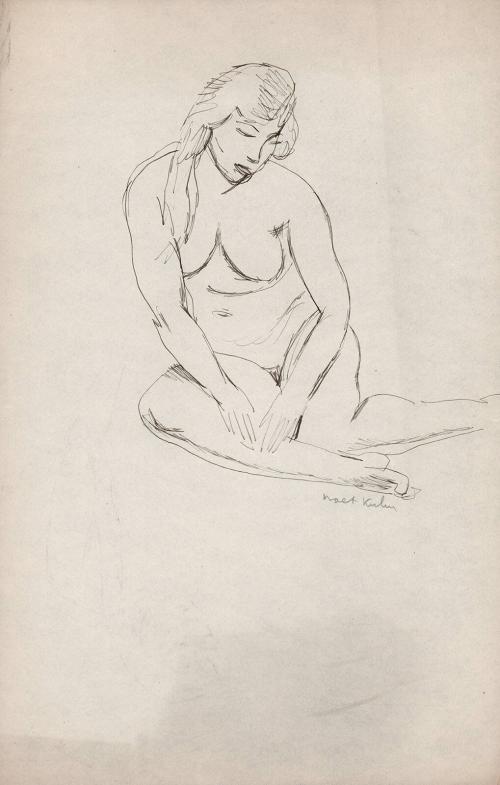 [seated nude female with head tilted to the left]