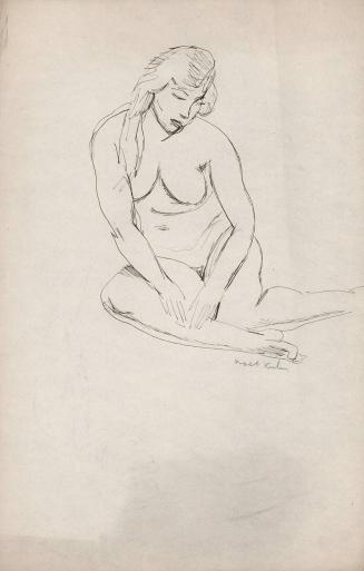 [seated nude female with head tilted to the left]