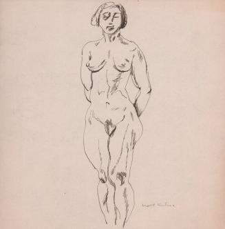 [standing female nude with arms behind back]