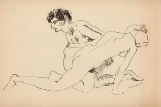 [two kneeling nudes, background figure has black hair]