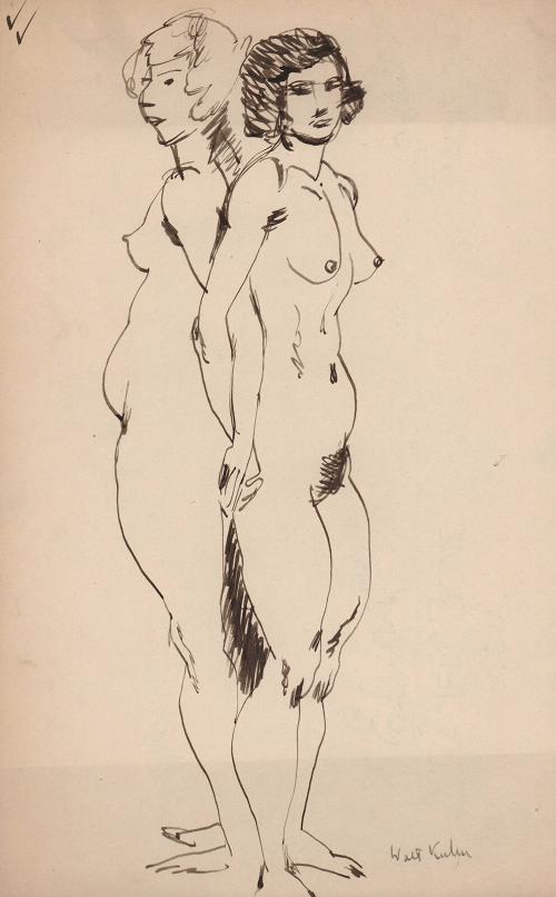 [two standing nudes, back to back with arms interlocked]