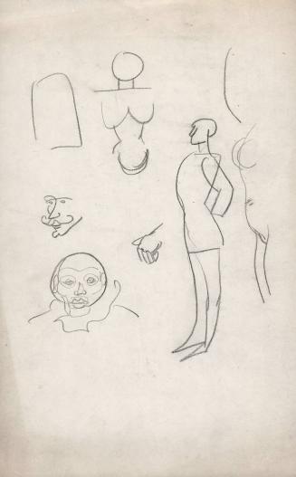 [figure studies including two heads, three torsos and one hand]