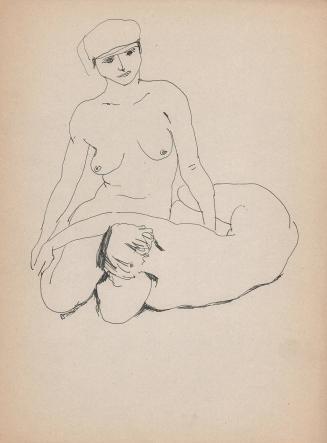 [two nudes, one seated, one reclining with head in lap of other]