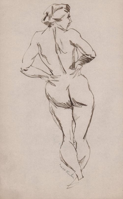 [Standing female nude with hands on hips, view from the back]