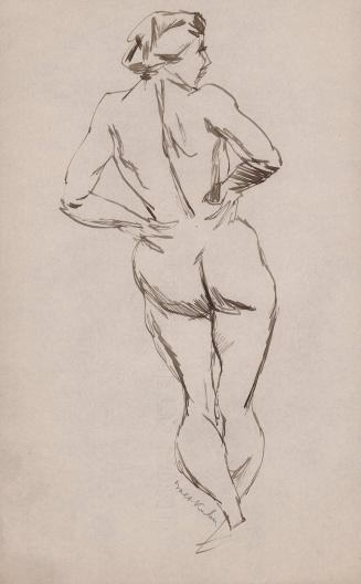 [Standing female nude with hands on hips, view from the back]